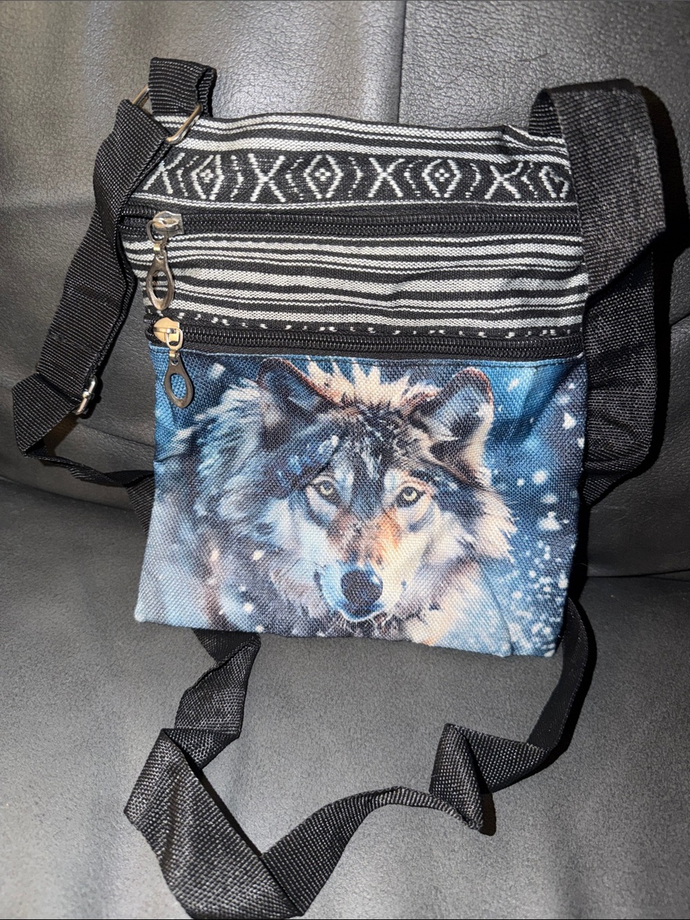 Wolf Print Crossbody Bag in Blue and Black - Women's Shoulder Bag